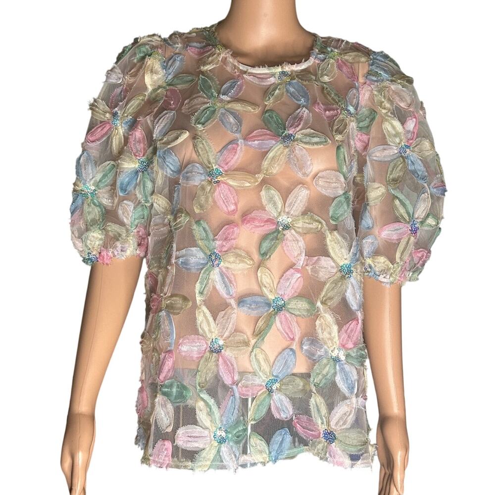 NWT Entro sequined floral bubble sleeve womens blouse seethrough size Medium